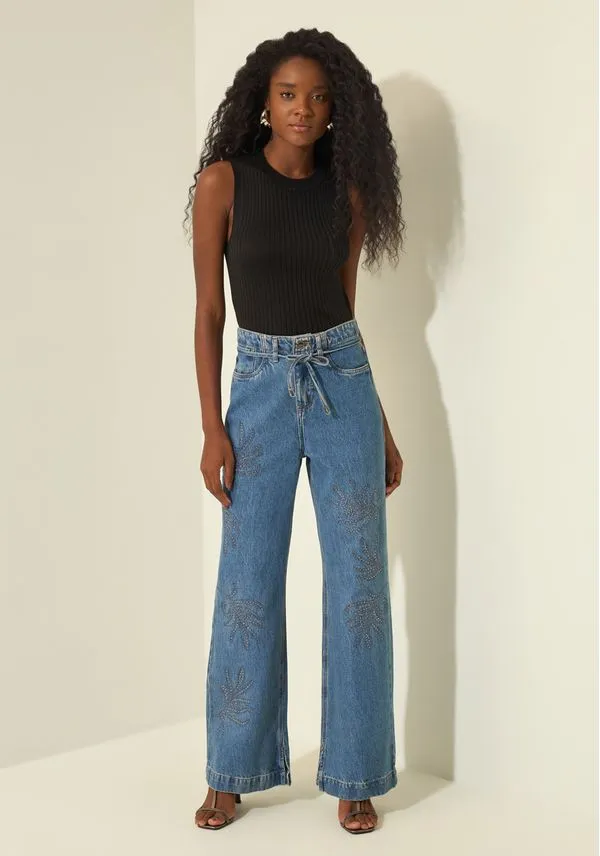 Calça Jeans Wide Leg Bordada Com Cintura Alta E Cinto JEANS 46