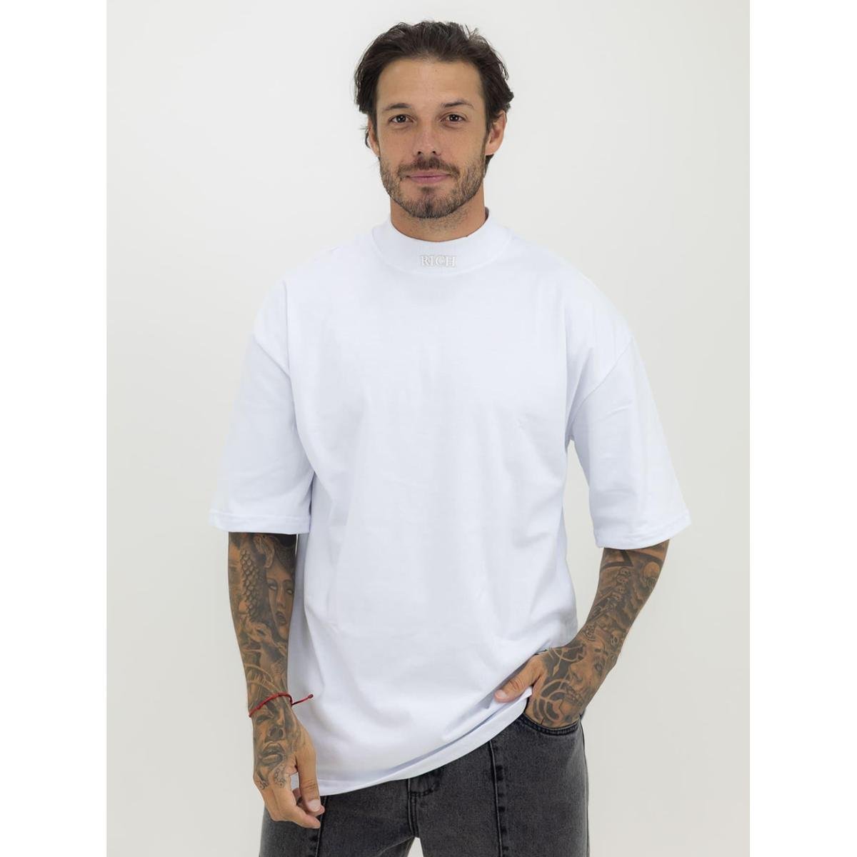 Camisa Oversized Masculina Over Gola Alta Estampada Mangona Streetwear Algodão Premium Branco