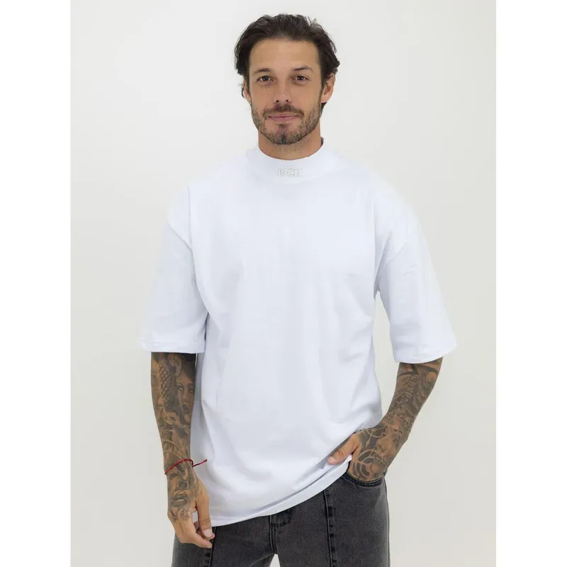 Camisa Oversized Masculina Over Gola Alta Estampada Mangona Streetwear Algodão Premium Branco