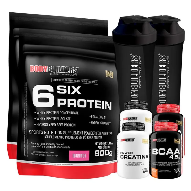 Kit 2 x Whey Protein - 6 Six Protein - Refil 900gr + 2x BCAA 100g + 2x Creatina 100g + Coque