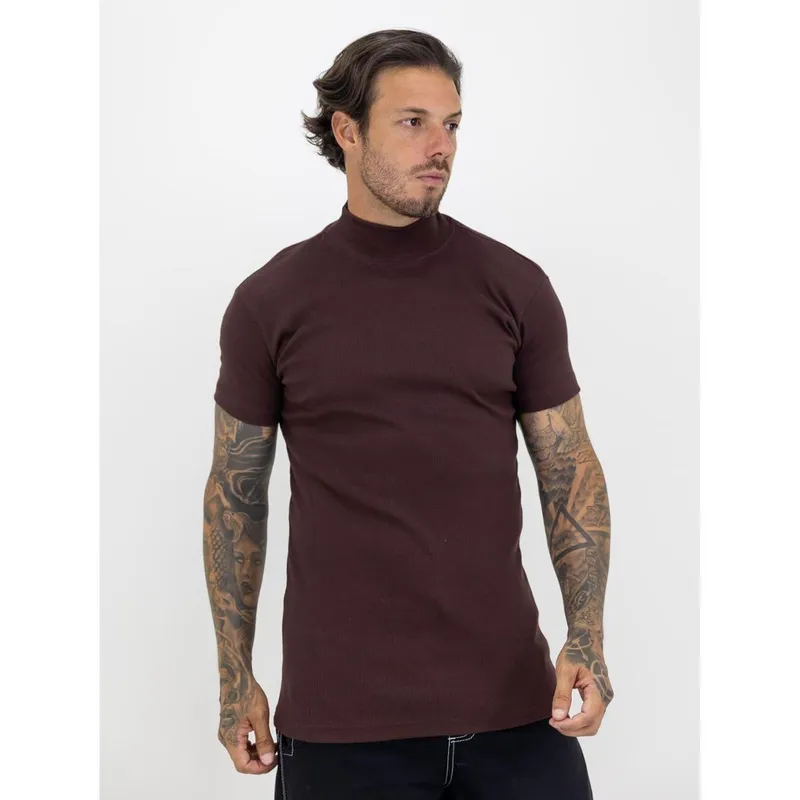Camiseta Slim Canelada Gola Alta Lisa Estilo Americano Streetwear Justa ao Corpo Ribana Marrom