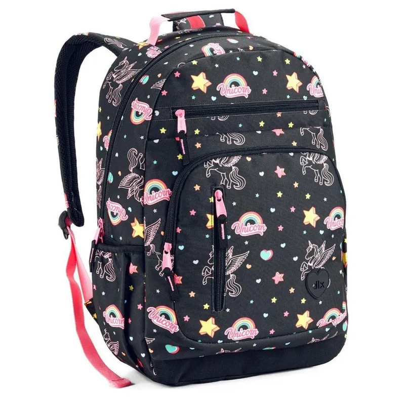 Mochila Costas Feminina Backpack Good Vibes Unicórnio Preto