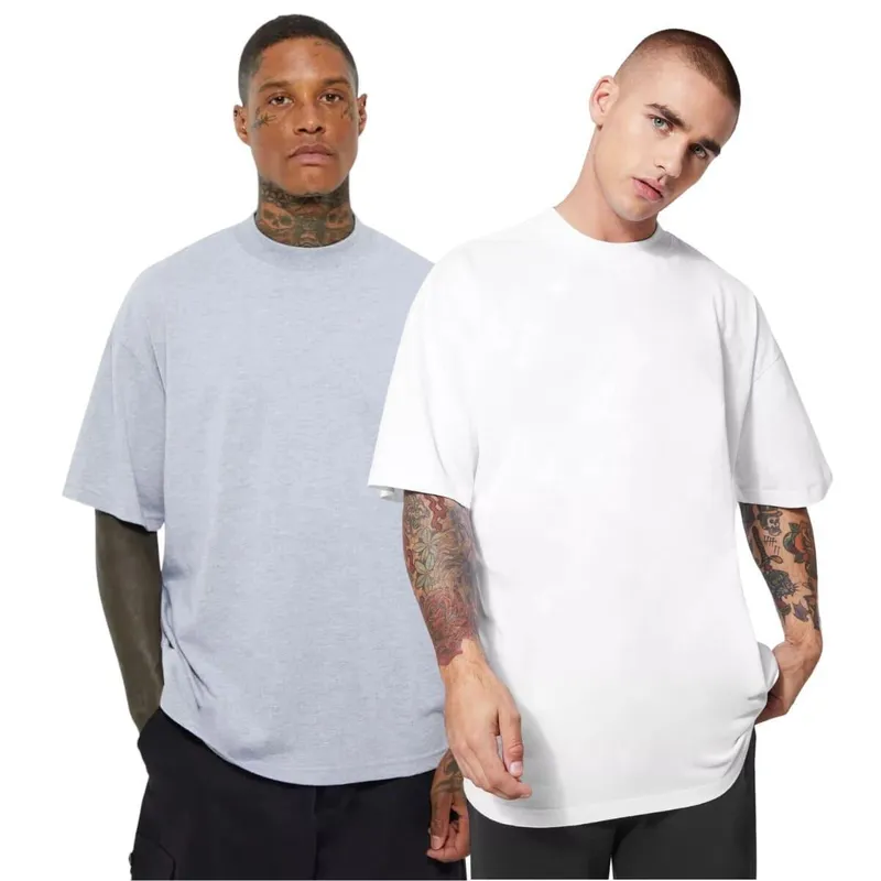 Kit 2 Camisetas Oversized Básicas Gola Alta Branca e Cinza Claro Malha Algodão