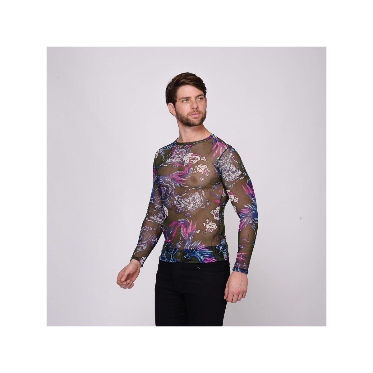Camisa Masculina de Tule Estampada Manga Longa Camisa Transparente