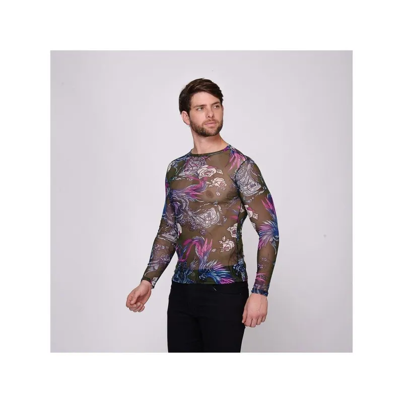 Camisa Masculina de Tule Estampada Manga Longa Camisa Transparente