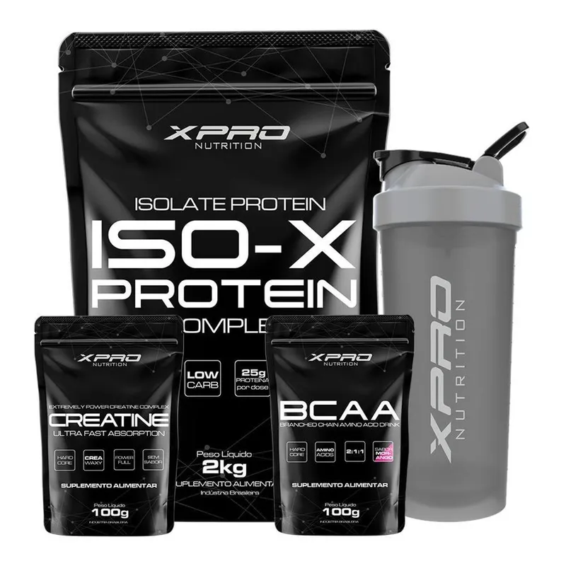 Kit Whey Iso-X 2kg + Creatina 100g + Bcaa 100g + Coqueteleira 700ml - Xpro Nutrition