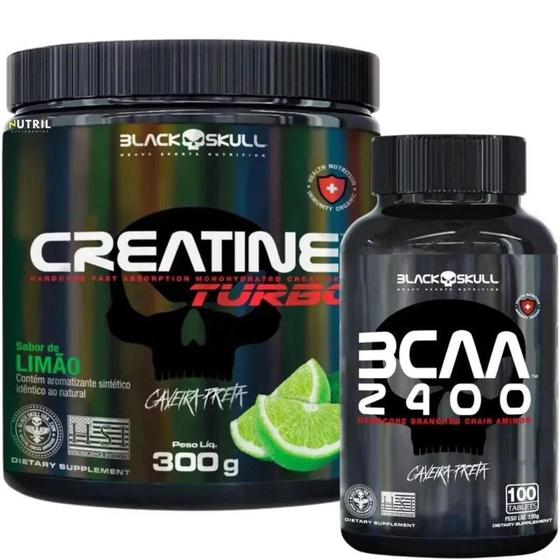 Kit Creatina Monohidratada Turbo Black Skull 300g Energia e BCAA Suplemento de aminoácidos 100 Caps