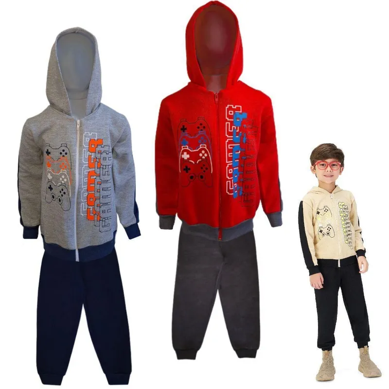 2 Conjuntos Moletom Infantil Masculino Blusa Calça Flanelado Capuz Ziper Roupa Agasalho menino
