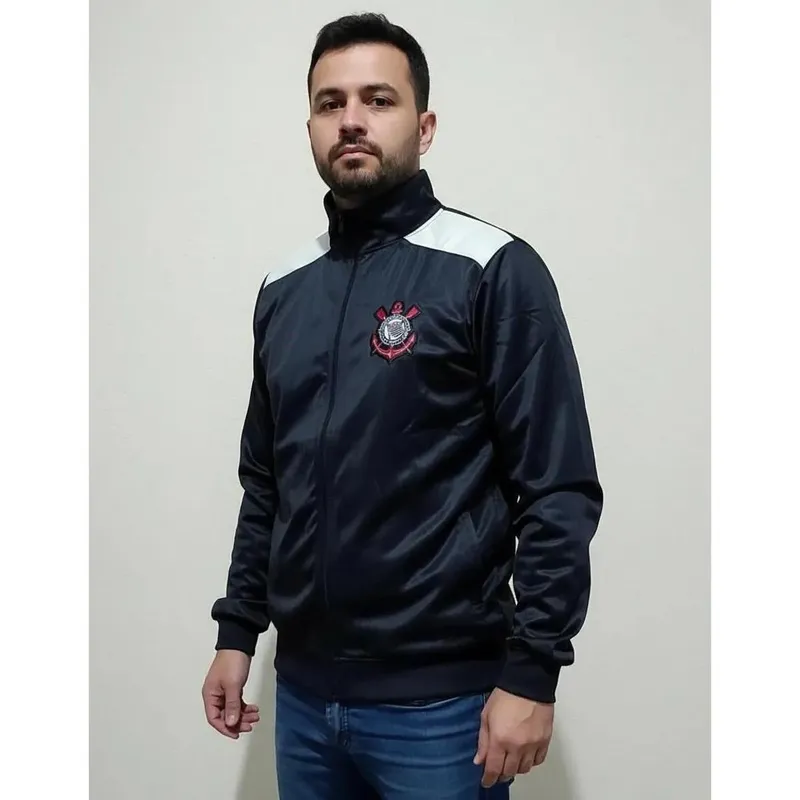 JAQUETA MASCULINA TRILOBAL CORINTHIANS PRETA BRANCA