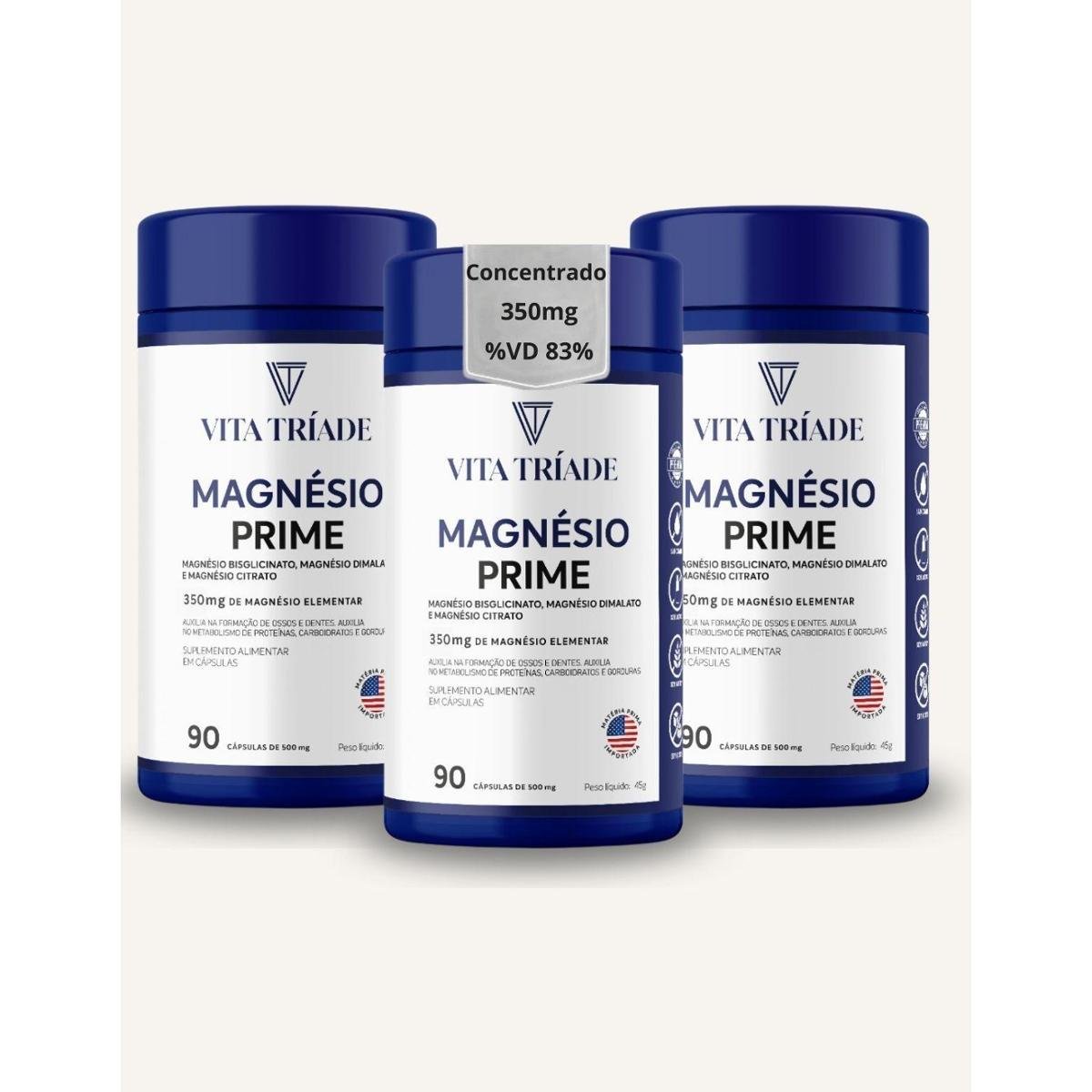 Kit 3 Magnésio 350mg 3 em 1 Bisglicinato Dimalato Citrato – 270 Cápsulas