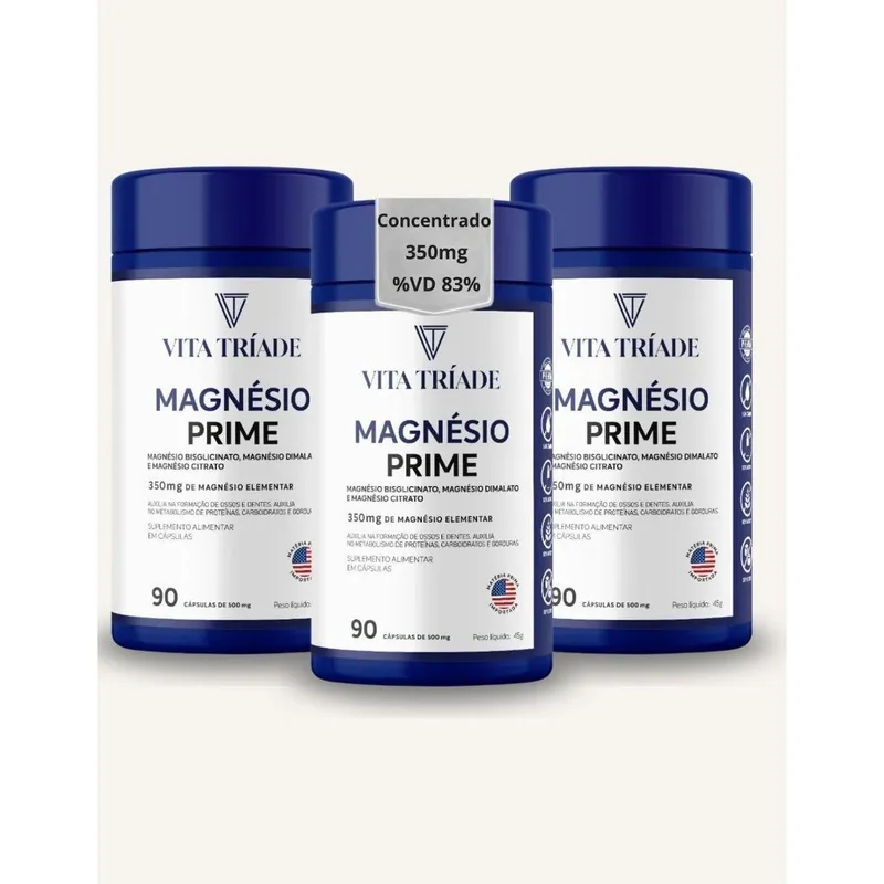 Kit 3 Magnésio 350mg 3 em 1 Bisglicinato Dimalato Citrato – 270 Cápsulas
