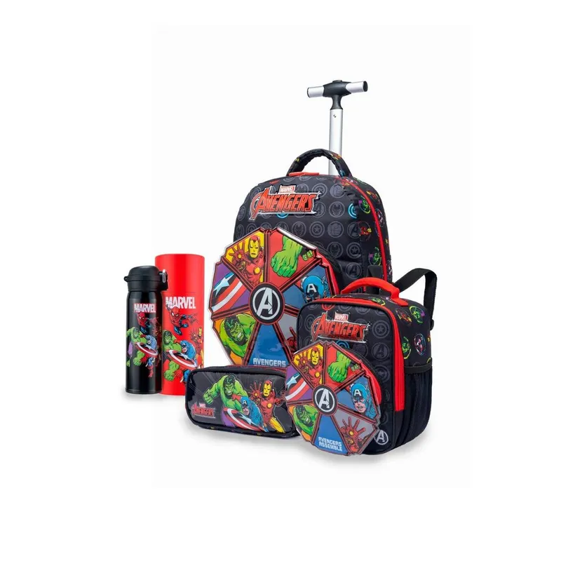 Kit Mochila Lancheira Estojo Garrafa Escolar Avengers Marvel