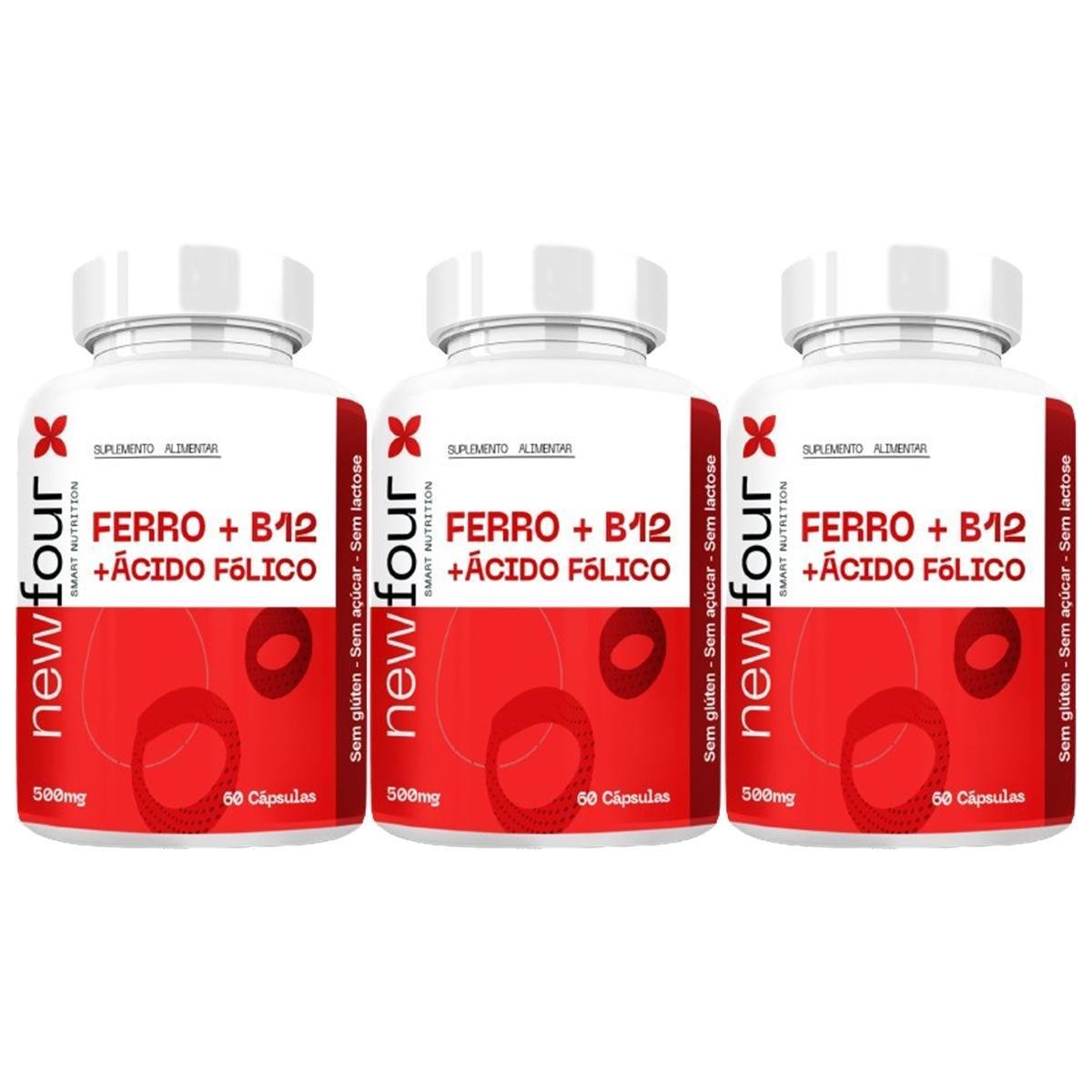 3x Ferro B12 Acido folico 500mg 60 caps NewFour
