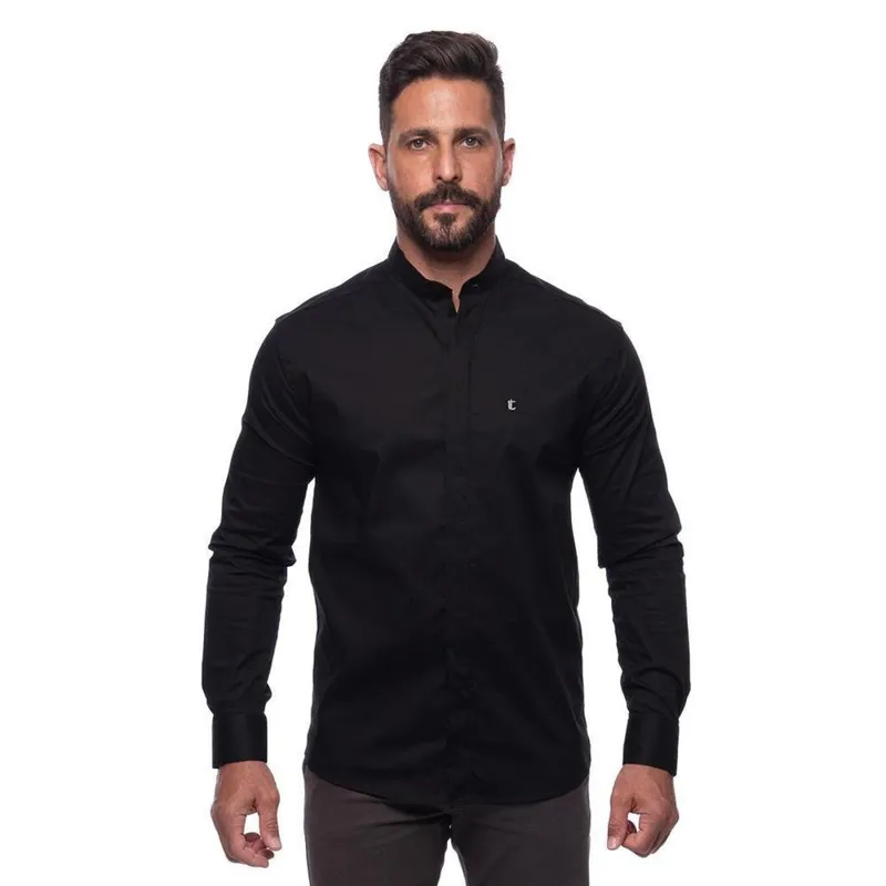 Camisa Masculina Acetinada Gola Padre Manga Longa Elastano