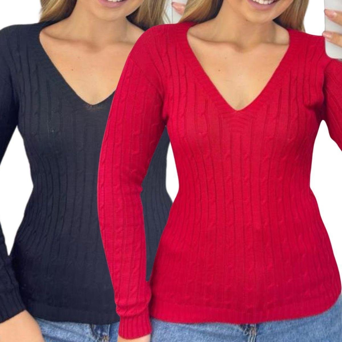 Kit 2 Blusas Femininas Industrie Suéter Malha e Vermelho Tricô Manga Longa Tamanho:Único;Cor: