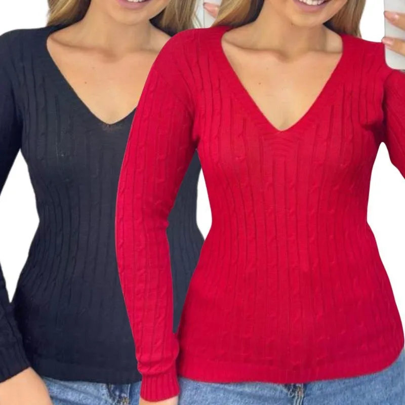 Kit 2 Blusas Femininas Industrie Suéter Malha e Vermelho Tricô Manga Longa Tamanho:Único;Cor: