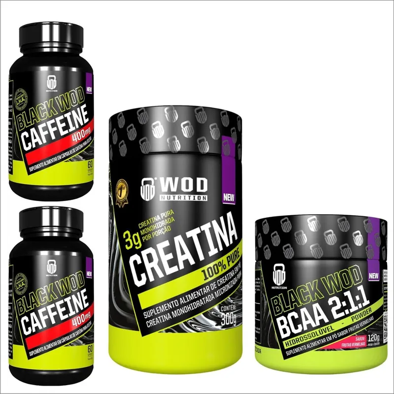 Kit 2x Cafeína 400mg + Creatina 300g + BCAA powder 120g