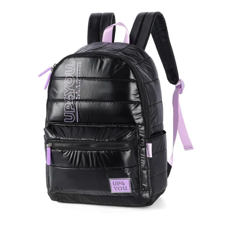 Mochila Costas Juvenil Nailon Matelassê Puffer Preta Metalizado Up4you