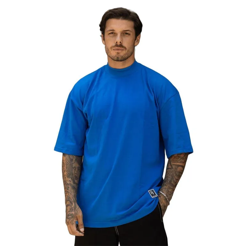 Camiseta Oversized Gola Alta Lisa Basica Streetwear Confortavel Masculina Azul