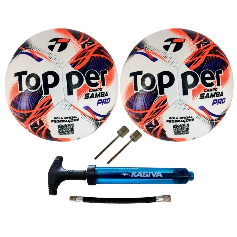 Kit 02 Bola De Futebol Campo Topper Samba Velocity PRO 2026+01 Bomba De Ar Kagiva Dupla Ação