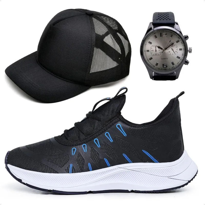 Combo Tênis Masculino Esportivo Academia Treino Musculação Caminhada Casual com Relógio e Boné