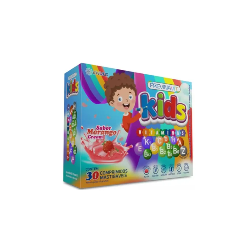 Previna Vit Kids Vitaminas 30 comp Mastigável Morango IDNLabs