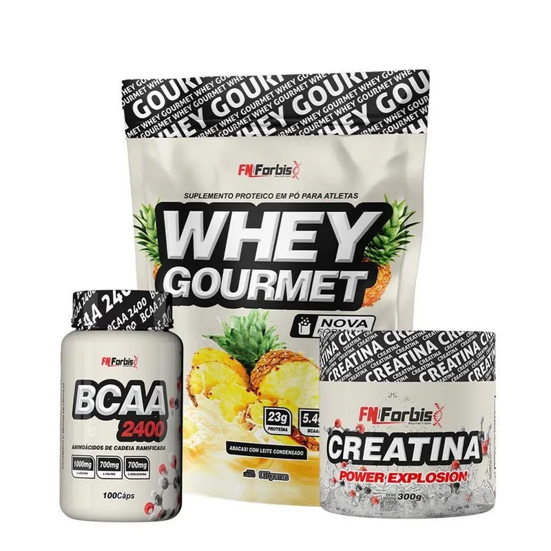 Kit Whey Protein Refil + Creatina 300g + BCAA 100 cáps Gourmet - FN Forbis Nutrition