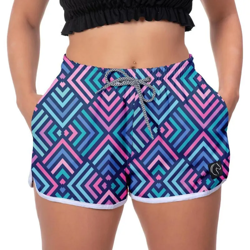 Short Praia Feminino Roxo Geometric Estampado Academia Caminhada Corrida Qualidade Conforto