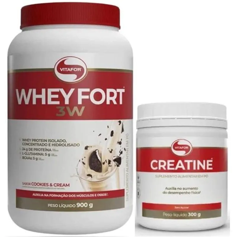 Kit Whey Fort 3W Pote 900g Sabores + Creatina Vitafor 300g