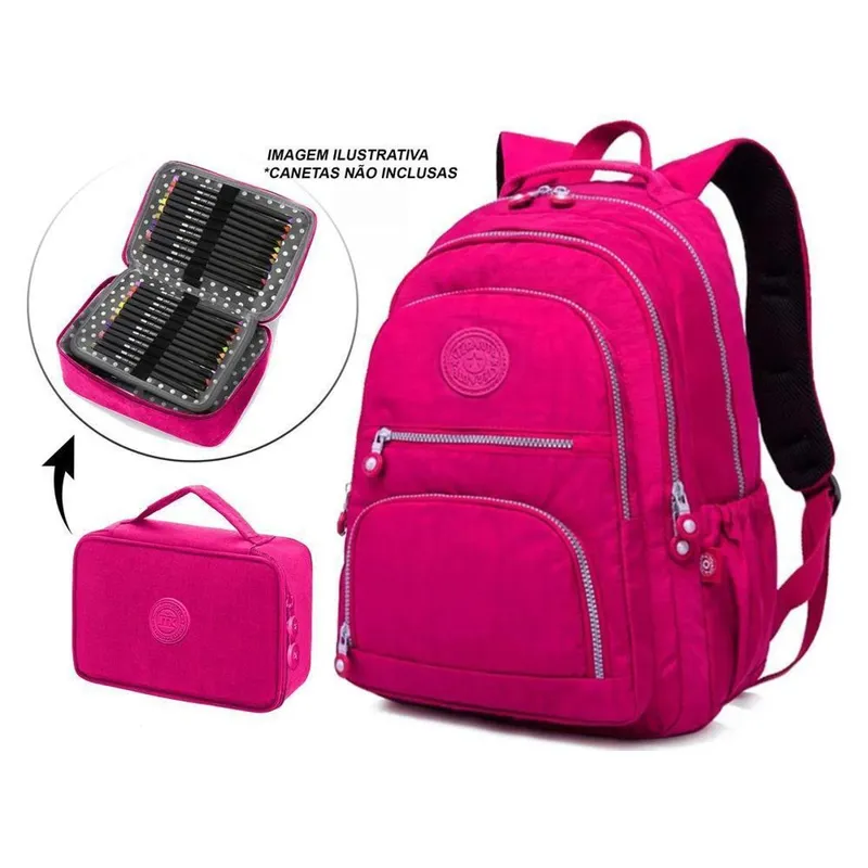 Mochila Escolar Feminina Notebook + Estojo Box Quadrado Zípe