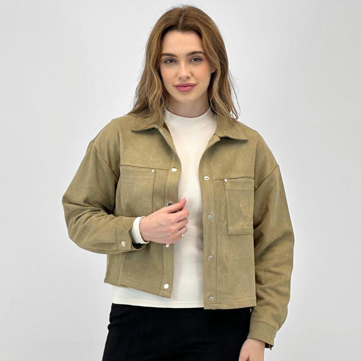 Camisa Pacific Blue Cropped Suede Manga Longa Feminina