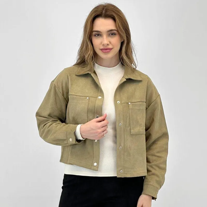 Camisa Pacific Blue Cropped Suede Manga Longa Feminina