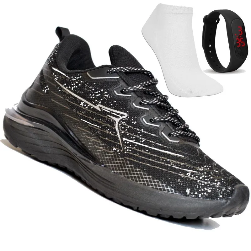 TENIS FEMININO P/ ACADEMIA E CAMINHADA RYN R1502N + RELOGIO + MEIA - PRETO