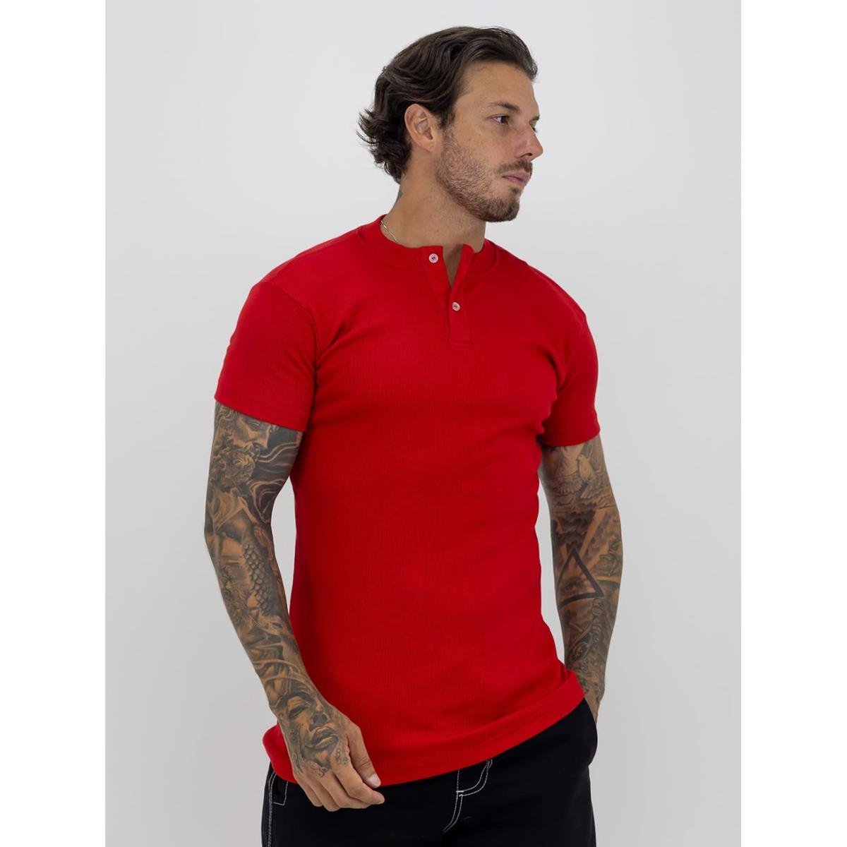 Camiseta Slim Canelada Com Botão Lisa Estilo Americano Streetwear Justa ao Corpo Ribana Vermelho