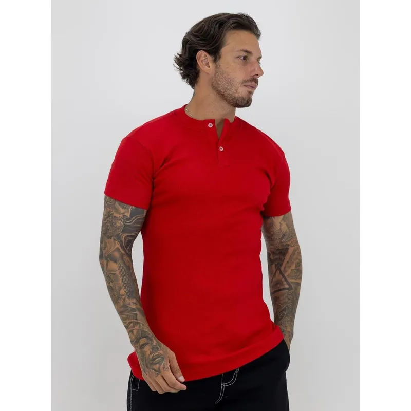Camiseta Slim Canelada Com Botão Lisa Estilo Americano Streetwear Justa ao Corpo Ribana Vermelho