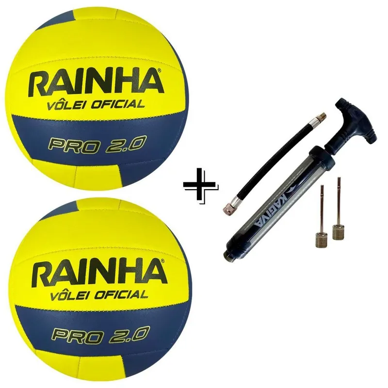 Kit Com 02 Bola De Vôlei Rainha 2.0 Pró Costurada + 01 Bomba De Ar Kagiva Dupla Ação