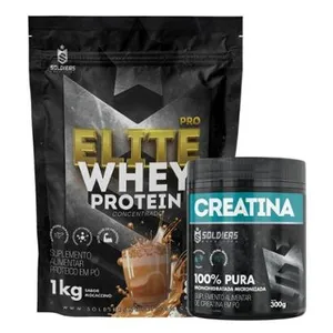 Kit: Whey Protein Elite Pro 1kg + Creatina Monohidratada Pote 300g - 100% Pura Importada - Soldiers