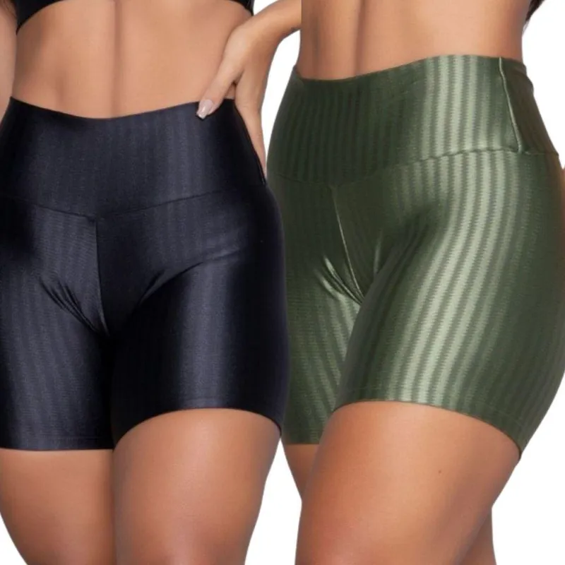 KIT 3 Short Ikat New Zig 3D Bella Fiore Poliamida Cós Alto Academia Treino Moda Fitness
