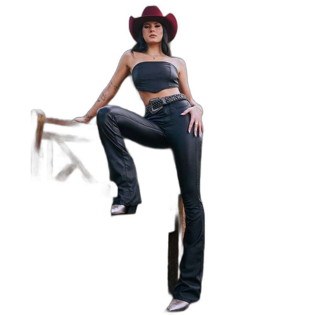 CALÇA MATERIAL SINTÉTICO FLARE FEMININA CINTURA MÉDIA 22986