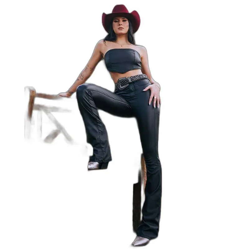 CALÇA MATERIAL SINTÉTICO FLARE FEMININA CINTURA MÉDIA 22986