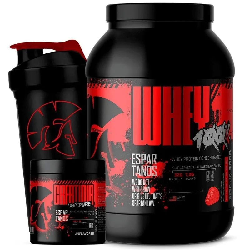 Kit Whey Protein Concentrado 100% 900g + Creatina 100g + Coqueteleira - Espartanos