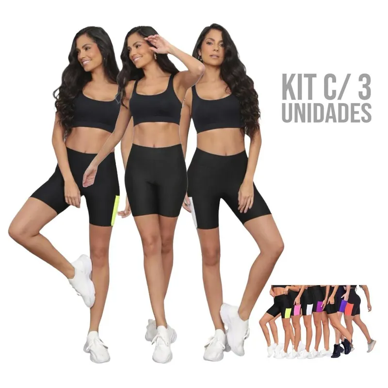 Kit 3 Shorts Leg Legging COM BOLSOS Cintura Alta Fitness Treino Casual Corrida Academia Cores 670