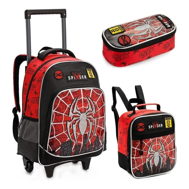 Kit Mochila Rodinhas Lancheira Estojo Infantil Aranhaverso Spider Dark Homem Aranha Marvel Denlex