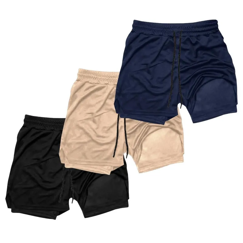 Kit 3 Shorts Masculinos 2 em 1 Térmico com Bolso Secagem Rápida Academia Treino
