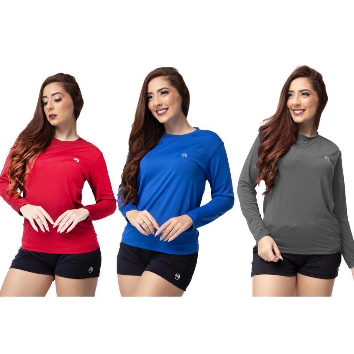 Kit 3 Camisa Feminina Térmica Manga Longa Com Proteção Uv 50+