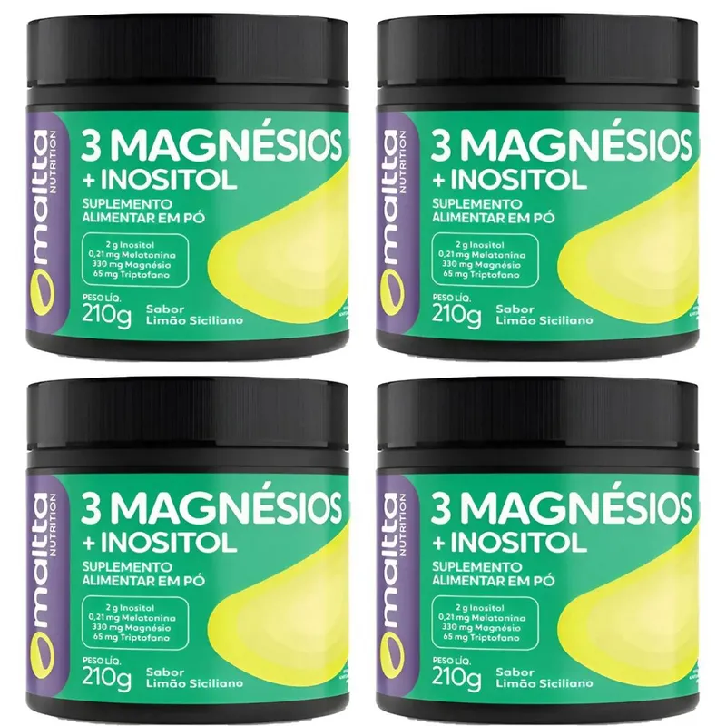 Kit 4 3 Magnésios + Inositol em pó Sabor Limão 4x210g - Maltta