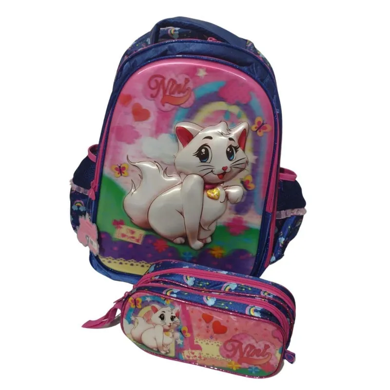 Kit Mochila + Estojo Clio Escolar Gatinha Nini NN7001J - Azul