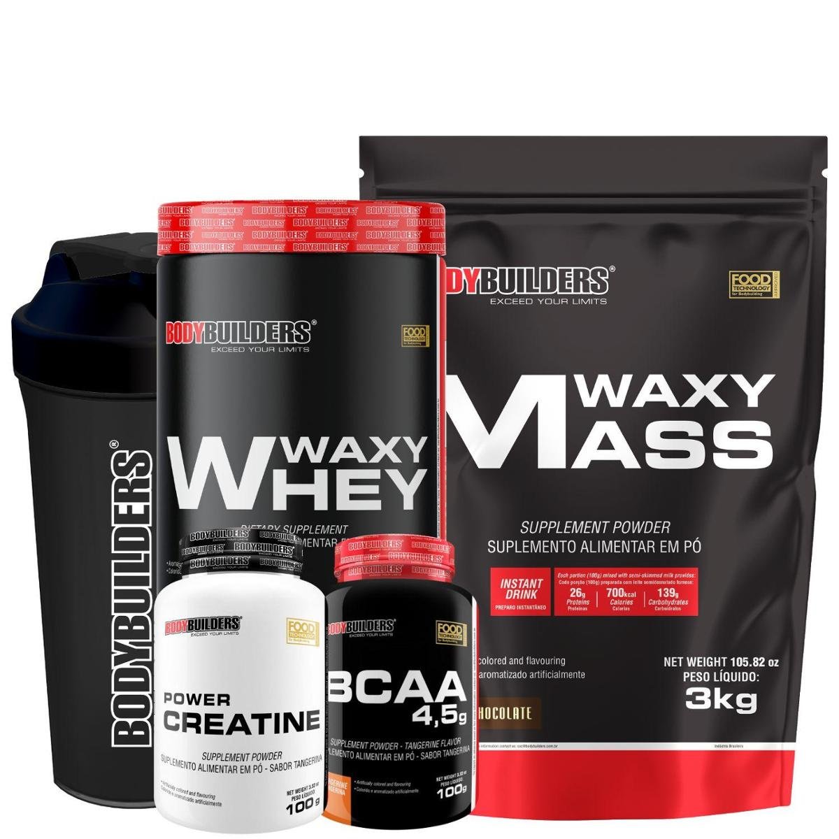 Kit Hipercalórico Waxy Mass 3kg + Waxy Whey 900g + Creatina 100g + BCAA 100g + Coq - Bodybuilders