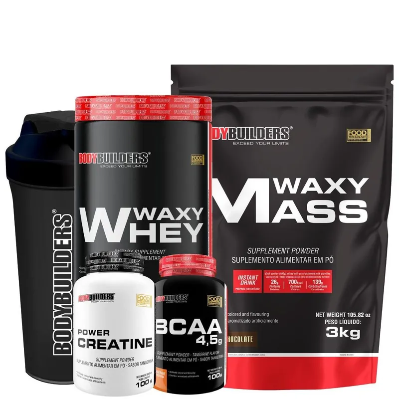 Kit Hipercalórico Waxy Mass 3kg + Waxy Whey 900g + Creatina 100g + BCAA 100g + Coq - Bodybuilders