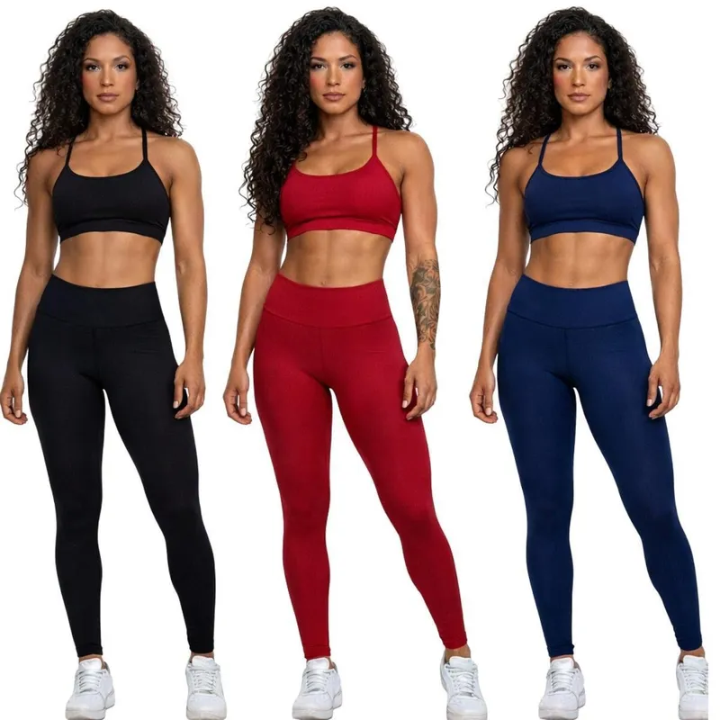 KIT 3 Conjunto Top Alça Fina e Calça Suplex Bella Fiore Roupa De Academia Treino Fitness Musculação